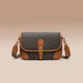 Classic brown vintage monogram leather crossbody bag for women, stylish shoulder baguette bag. - MO Coffee/Brown