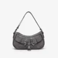 Grey vintage motorcycle style shoulder bag with dual buckle straps and metal eyelets for women. - Dark Gray