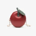 Cute apple shaped round crossbody bag for women, stylish red PU leather purse with gold chain. - Burgundy