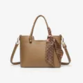 Brown leather tote shoulder bag for women, stylish daily commuter handbag with chic polka dot scarf. - 25CM*10.5CM*20CM / Cinnamon