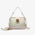 Camellia woven shell shoulder bag with elegant gold chain and floral clasp for women. - Apricot White
