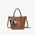 Brown leather tote bag for women with chic plaid ribbon bow, stylish crossbody shoulder bag. - Brown