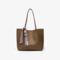 Brown leather tote bag for women, large capacity daily shoulder bag with stylish patterned scarf. - Khaki