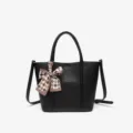 Black Leather Handbag for Women with Bow Silk Scarf Stylish Crossbody Tote Bag - Black