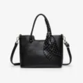 Black pebbled leather tote bag with stylish polka dot scarf handle for women daily commute. - 25CM*10.5CM*20CM / Black