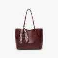 Large capacity women leather tote bag, stylish shoulder commuting bag with chic scarf. - Fuschia