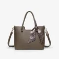 Stylish textured leather tote shoulder bag with polka dot scarf accessory for women. - 25CM*10.5CM*20CM / Khaki