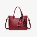 Red leather tote bag for women with polka dot silk scarf, stylish casual shoulder handbag. - 25CM*10.5CM*20CM / Wine Red