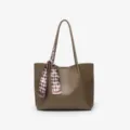 Minimalist brown leather tote bag with scarf, large capacity casual shoulder bag for women. - Elephant Gray