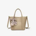 Classic beige leather tote bag with stylish plaid ribbon bow, versatile crossbody handbag for daily use. - Khaki