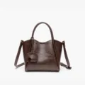Dark brown leather handbag, stylish bucket tote bag with top handles and shoulder strap. - Coffee