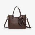 Brown leather handbag tote bag with polka dot scarf stylish women shoulder crossbody bag - 25CM*10.5CM*20CM / Coffee