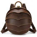 Retro genuine leather round backpack detail, creative beetle shell design, top cowhide. - Brown