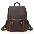 Vintage crazy horse leather backpack for men and women, premium durable rucksack detail view. - Model 260 / Dark Brown