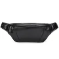 Close-up detail of the black genuine leather waist chest bag texture and zipper closure. - Style 1034 / Oil Leather Black (Gold Zipper)