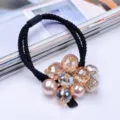 Koreaanse stijl kristal parel haarrekkertje zwart elastisch touw elegante bloem haaraccessoire - Champagne