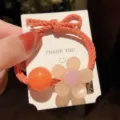 Ins style orange hair rope with cute resin flower and bead, fashionable hair tie for women. - Orange Cord Flower Beads Tag