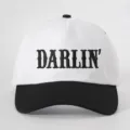 Color-blocked baseball cap detail featuring embroidered DARLIN text and curved black brim. - Adjustable / White and Black Splicing