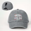 Gewaschene graue Pferdeschwanz-Baseballkappe mit Amerika 250. Jubiläum Grafikdruck. - Verstellbar / Grau