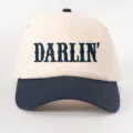 Contrast color baseball cap with embroidered DARLIN text front view, casual outdoor hat. - Adjustable / Beige and Navy