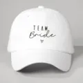 White baseball cap with team bride print detail close up view, adjustable wedding hat. - Adjustable / White