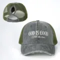 Berretto da baseball con coda di cavallo, retro in rete e ricamo con scritta God Is Good. - Regolabile / Verde militare