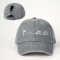 Graue gewaschene Baumwoll Pferdeschwanz Baseballkappe mit Palmen und Schildkrötendruck Outdoor. - Verstellbar / Grau
