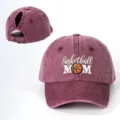 Cappellino da baseball con coda di cavallo lavato, ricamo basket mamma, regolabile. - Regolabile / Borgogna