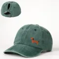 Waschung grüne Zopf-Baseballkappe mit süßer Dackel-Bestickung und verstellbarem Riemen hinten. - Verstellbar / Dunkelgrün