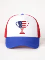 Detailed view of the color-block trucker hat featuring an American flag trophy print design. - Adjustable / White and Royal Blue with Red Mesh