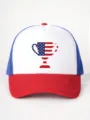 Detailed close-up view of the stylish color-block trucker hat featuring a USA flag trophy graphic print. - Adjustable / White and Red with Blue Mesh