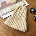 Beige cable knit beanie hat winter warm thick slouchy skull cap knitwear closeup view - One Size / Beige