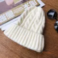 White cable knit beanie winter warm thick pull-on hat for women and men soft solid color ski cap - One Size / Cream