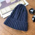 Dark blue cable knit beanie hat, thick warm winter pullover wool hat for women and men. - One Size / Navy Blue