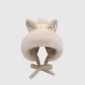 Sweet plush fox ear knitted hat for women, thick warm winter beanie with cute earflaps. - One Size, Good Elasticity (56-60cm) / Beige