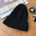 Winter warm cable knit beanie hat for women and men, solid black thick pullover cold hat. - One Size / Black