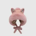 Detailed view of pink plush knit hat with cute animal ears, pom-pom, and warm earflap ties. - One Size, Good Elasticity (56-60cm) / Pink