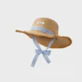 Chapeau de paille plat français avec long ruban à carreaux bleus et bord frangé pour l'été. - M (56-58cm) / Khaki