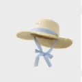 Chapeau de paille français à plat avec ruban à carreaux bleus et large bord effiloché plage d'été - M (56-58cm) / Beige