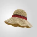 Chapeau de paille style français pour femme, chapeau cloche d'été tissé avec bandes contrastées. - M (56-58cm) / Beige