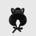 Detailed close-up view of the plush black knitted winter hat featuring cute cat ears and warm earflaps. - One Size, Good Elasticity (56-60cm) / Black