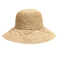 Raffia sun hat detail, handmade woven straw with elegant pearl decorations and bow string for summer beach. - Pearl Style