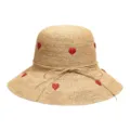 Handmade raffia straw sun hat with cute red heart embroidery and bow detail for summer beach. - Heart Style