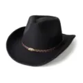 Gros plan sur le chapeau de cowboy western en feutre noir avec bande en cuir tresse marron. - M (56-58cm) / Noir