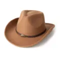 Primer plano detallado de un sombrero de vaquero western de fieltro marrón con banda de cuero. - M (56-58cm) / Marrón