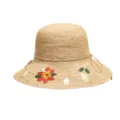 Close-up detail of the hand-woven raffia sun hat showing delicate floral embroidery. - Vintage Floral Style