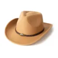Chapeau de cowboy en laine chameau Fedora occidental avec bande en cuir tressé et boucle - M (56-58cm) / Chameau