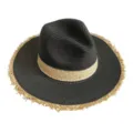 Close-up view of black and beige straw hat featuring trendy fringe brim and jazz top style. - Black