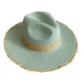 Green straw hat detail, natural fringe brim and woven texture for summer beach vacation. - Light Green