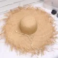 Große geflochtene Raffia-Strohhut Damen mit Fransen, ideal für Sommerstrand Urlaub und Sonnenschutz. - M (56-58cm) / Kuppel Perlen Raffia Strohhut